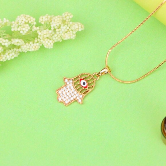 "Rose Gold Hamsa Hand Pendant with Evil Eye and Sparkling Stones, XPPT1386 - Picture 11 of 13